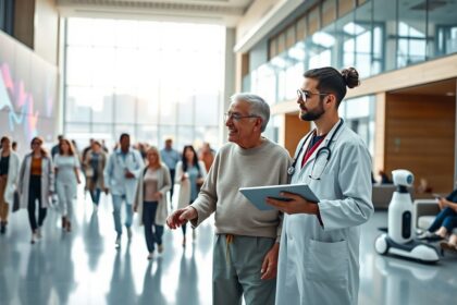 a wide panoramic view inside a bright modern healthcare facilitys main atrium in the foreground