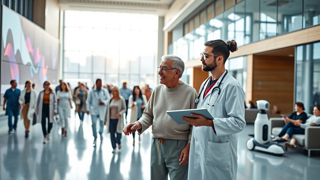 a wide panoramic view inside a bright modern healthcare facilitys main atrium in the foreground