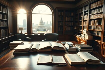 a wide professional landscape shot of a meticulously organized classic office within a prestigious