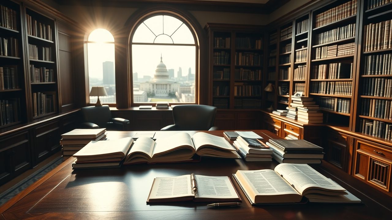 a wide professional landscape shot of a meticulously organized classic office within a prestigious
