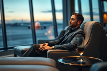 a wide realistic and sophisticated landscape shot of a discerning traveler relaxing in an ultra lu