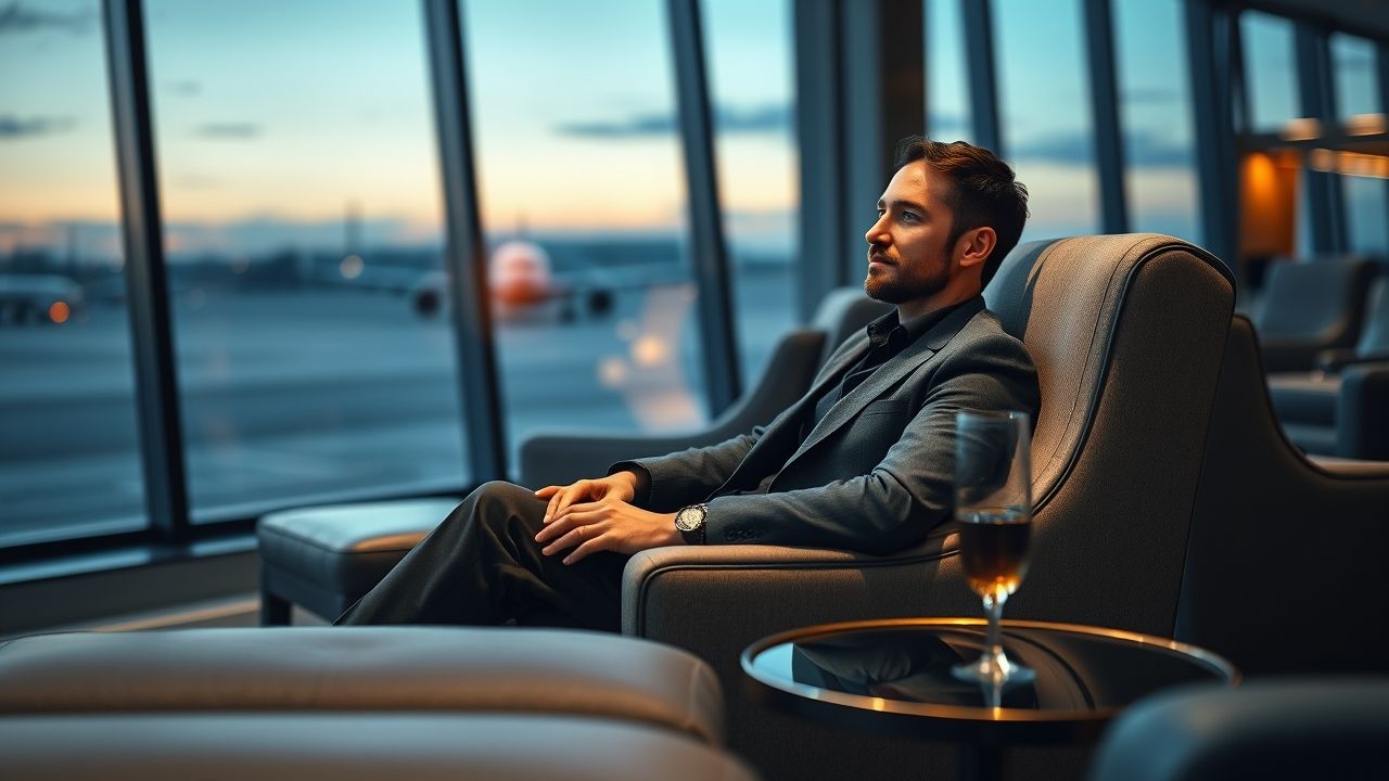 a wide realistic and sophisticated landscape shot of a discerning traveler relaxing in an ultra lu