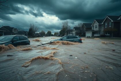a wide realistic high detail photographic scene depicting a devastating flash flood in a suburban