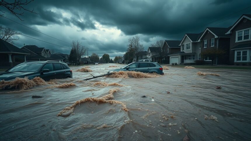 a wide realistic high detail photographic scene depicting a devastating flash flood in a suburban