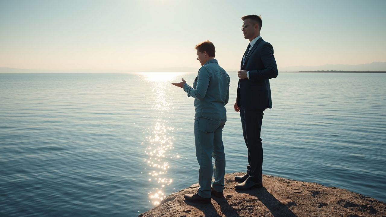 a wide realistic landscape image depicting a scene of guidance and hope in the immediate foregroun