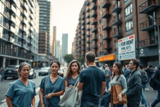 a wide realistic landscape photograph of a bustling urban street scene at late afternoon in the fo