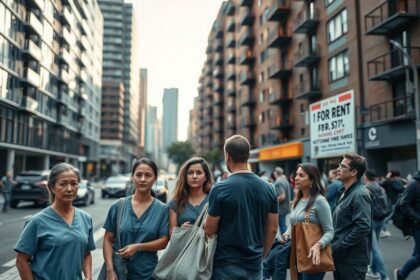 a wide realistic landscape photograph of a bustling urban street scene at late afternoon in the fo