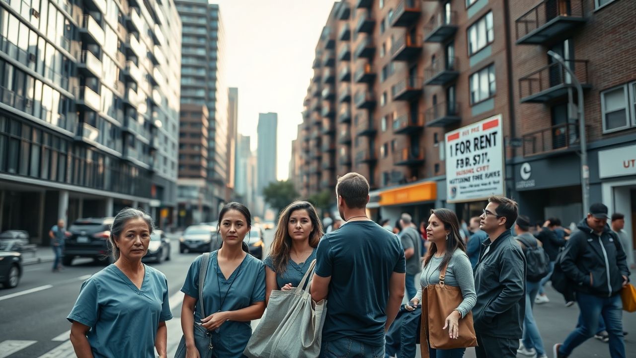 a wide realistic landscape photograph of a bustling urban street scene at late afternoon in the fo