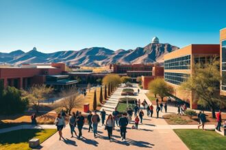a wide realistic landscape photograph of the vibrant university of arizona campus under a brilliant