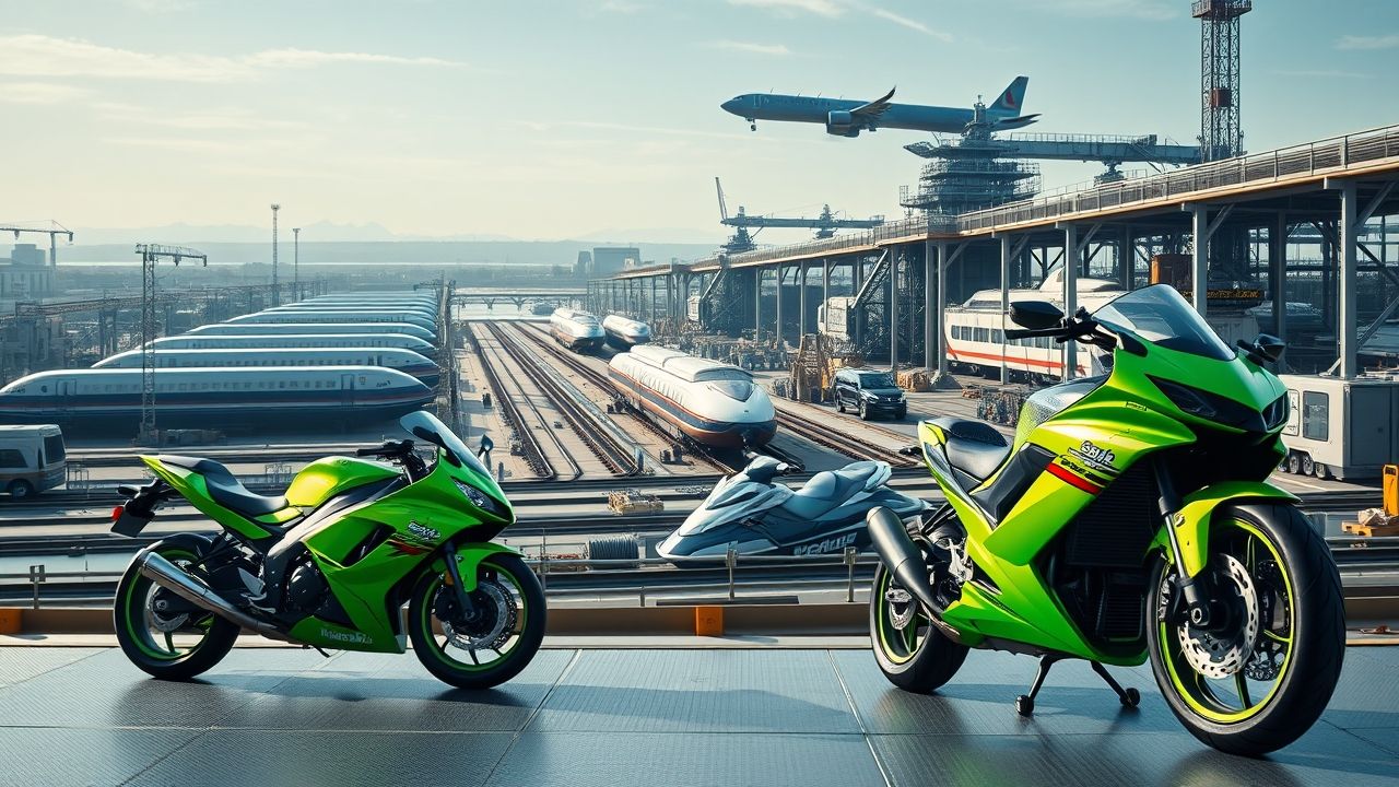 a wide sweeping landscape shot depicting the immense multifaceted industrial might of kawasaki hea