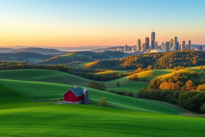 a wide sweeping landscape vista capturing the multifaceted spirit of pennsylvania in the immediate