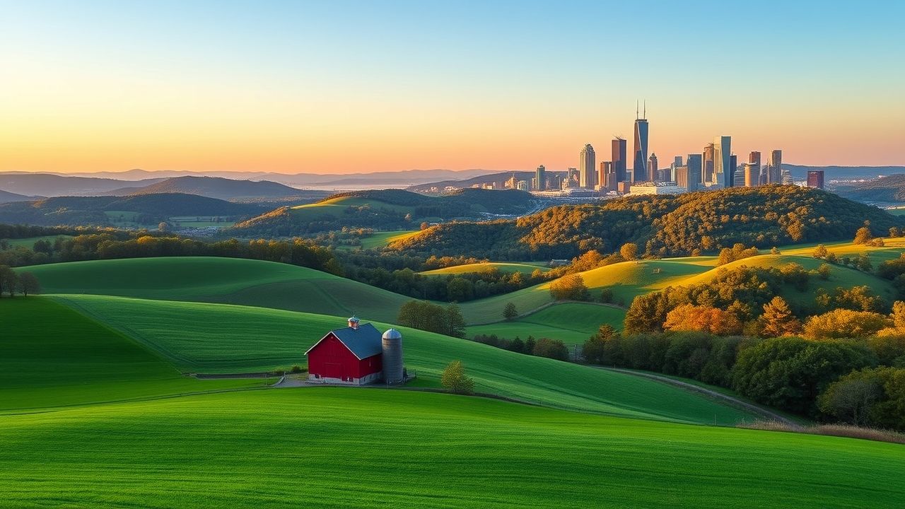 a wide sweeping landscape vista capturing the multifaceted spirit of pennsylvania in the immediate