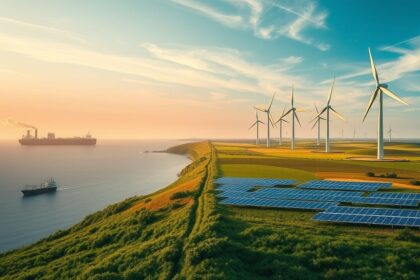 a wide sweeping realistic landscape depicting a profound global energy transition the scene is vi