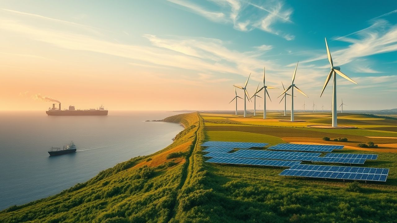 a wide sweeping realistic landscape depicting a profound global energy transition the scene is vi