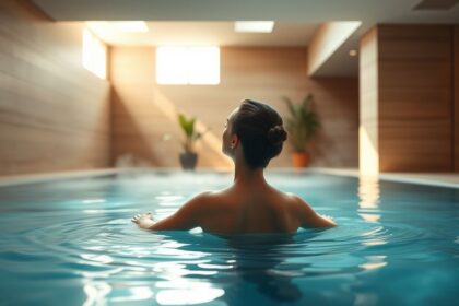a wide tranquil indoor spa scene featuring a large inviting hydrotherapy pool with gently steaming