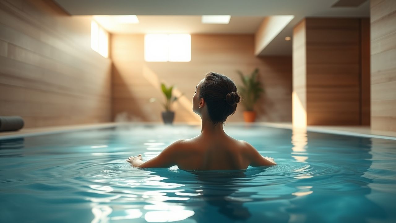 a wide tranquil indoor spa scene featuring a large inviting hydrotherapy pool with gently steaming