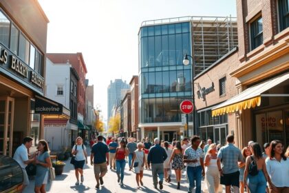 a wide vibrant and sun drenched street scene showcasing a thriving american towns main street th