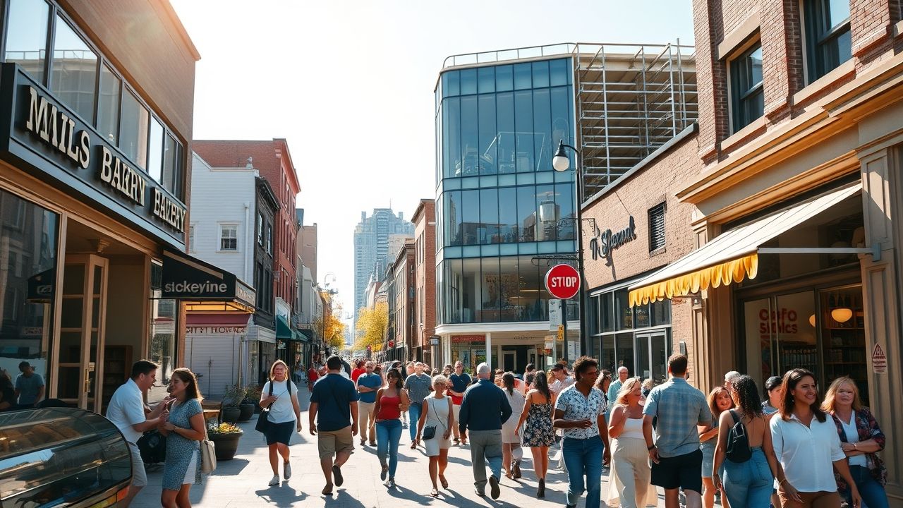 a wide vibrant and sun drenched street scene showcasing a thriving american towns main street th