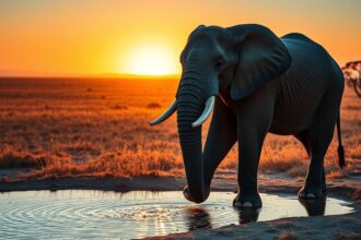 an awe inspiring ultra realistic wide landscape image of a large majestic african elephant standin
