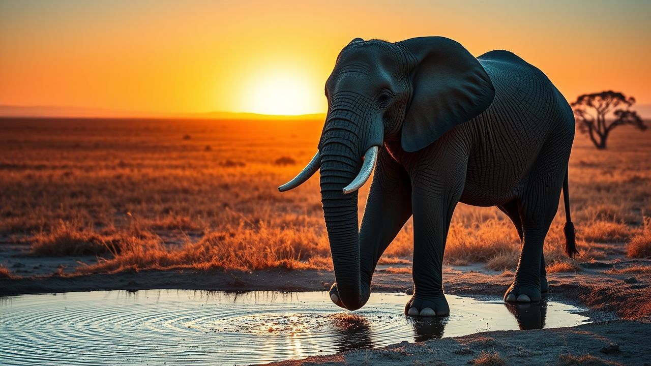 an awe inspiring ultra realistic wide landscape image of a large majestic african elephant standin