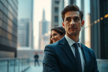 wide cinematic shot a professional confident personal injury attorney dressed in a sharp dark s