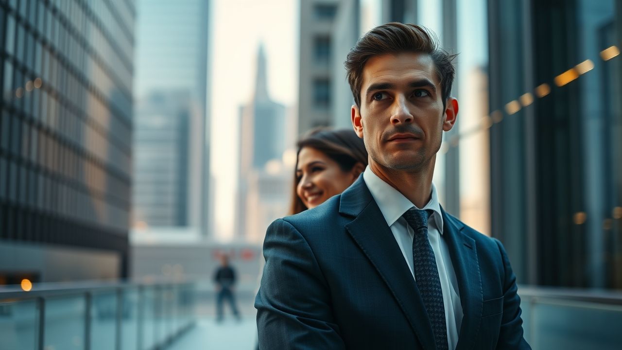 wide cinematic shot a professional confident personal injury attorney dressed in a sharp dark s