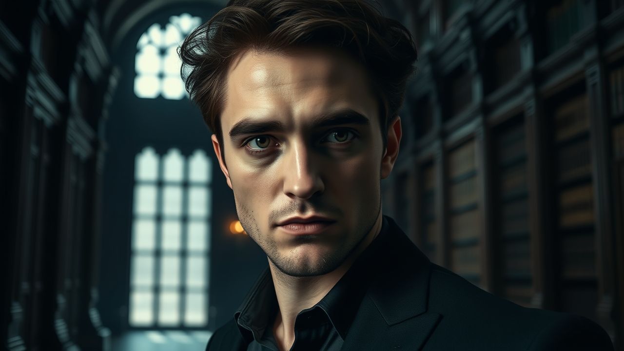a cinematic wide landscape portrait of robert pattinson approximately late 30s looking directly a