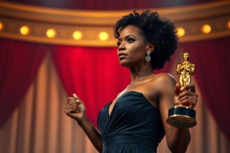 a dignified black woman clearly resembling halle berry stands powerfully on a grand softly lit st