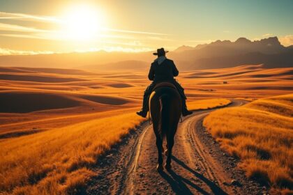 a lone cowboy reminiscent of arthur morgan on horseback traverses a vast sun drenched american fr