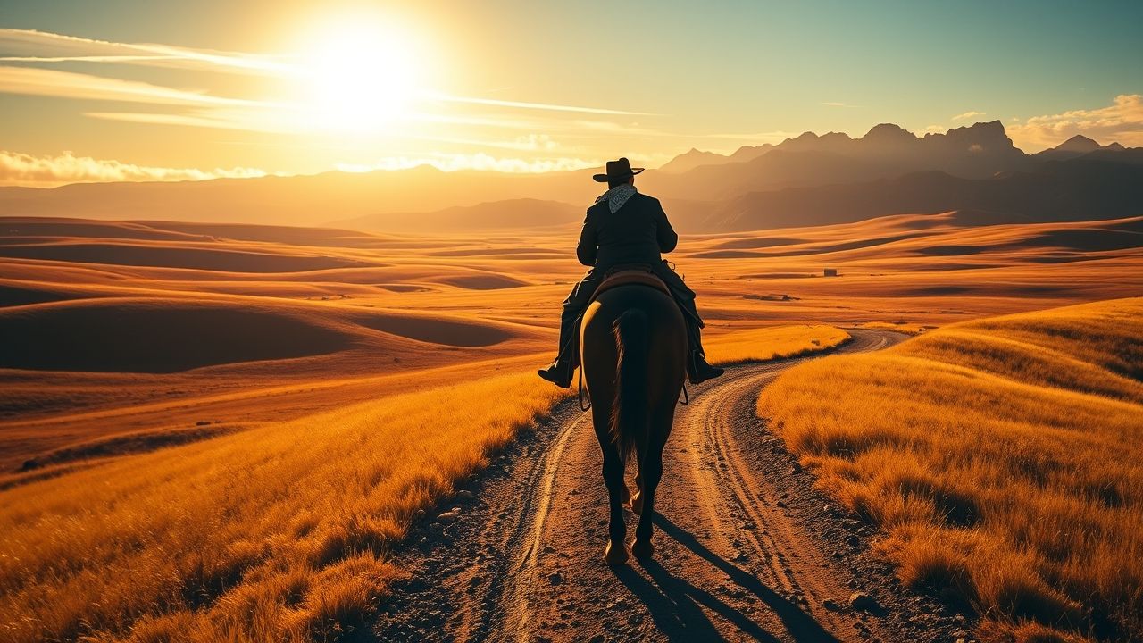 a lone cowboy reminiscent of arthur morgan on horseback traverses a vast sun drenched american fr
