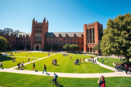 a wide angle landscape shot capturing the vibrant heart of the university of california los angeles