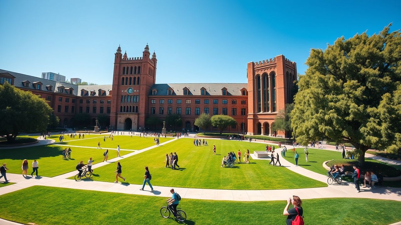 a wide angle landscape shot capturing the vibrant heart of the university of california los angeles