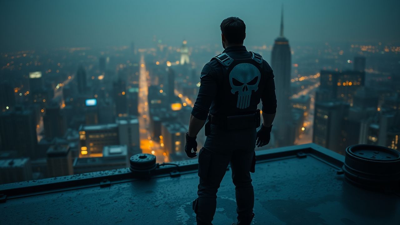 a wide cinematic and realistic shot of frank castle the punisher standing on a rain slicked ind