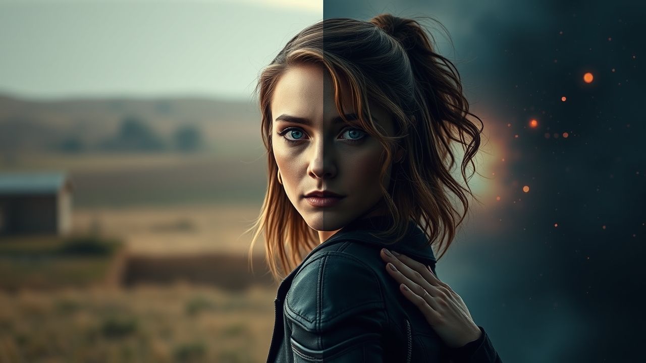 a wide cinematic landscape image centered on actress elizabeth olsen visually representing her dua
