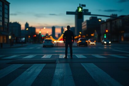 a wide cinematic landscape shot of a quiet urban street intersection at dusk immediately after a s