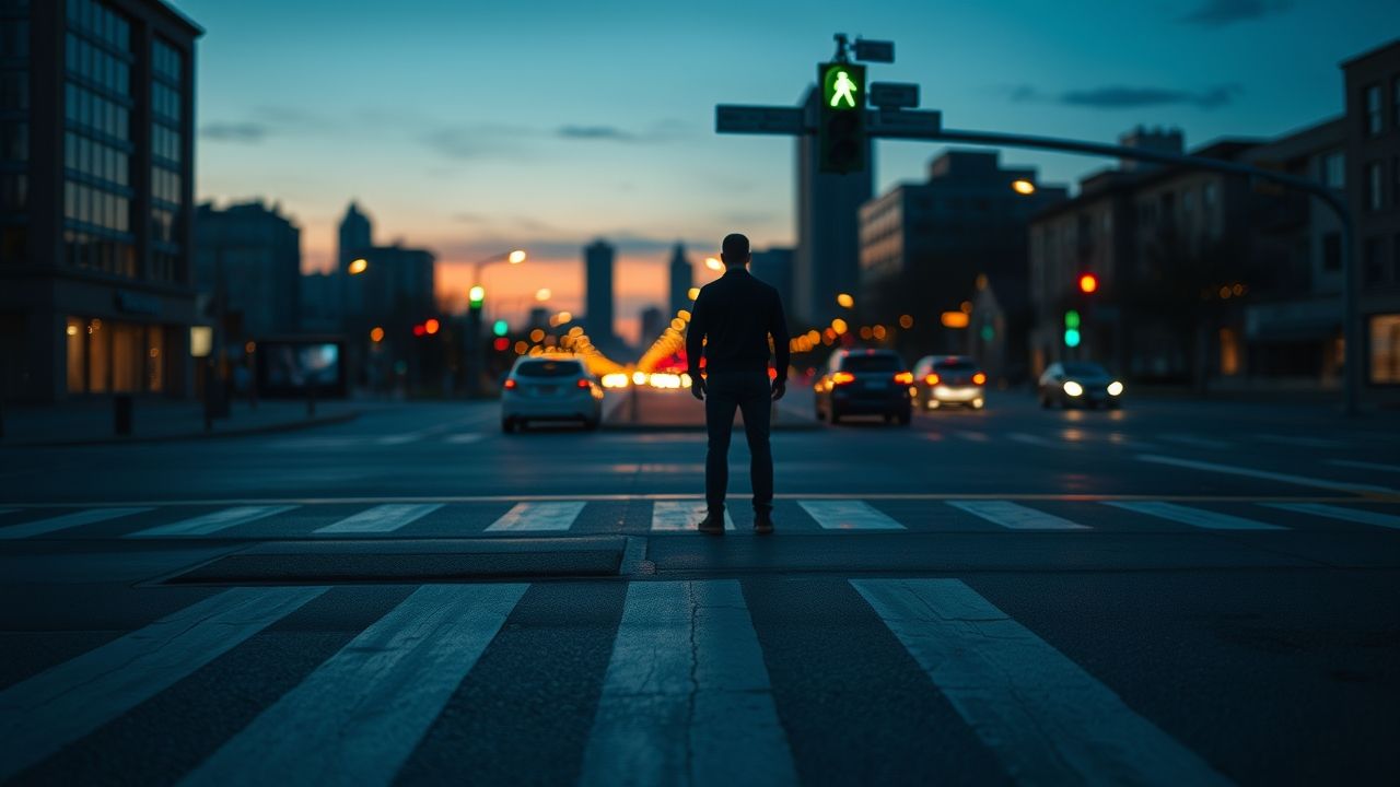 a wide cinematic landscape shot of a quiet urban street intersection at dusk immediately after a s
