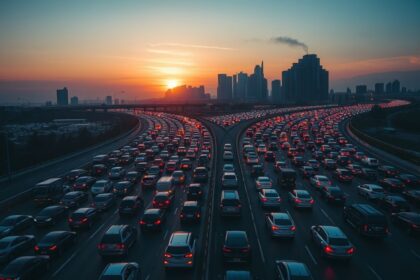 a wide cinematic landscape shot of a sprawling modern city highway at dawn completely choked with