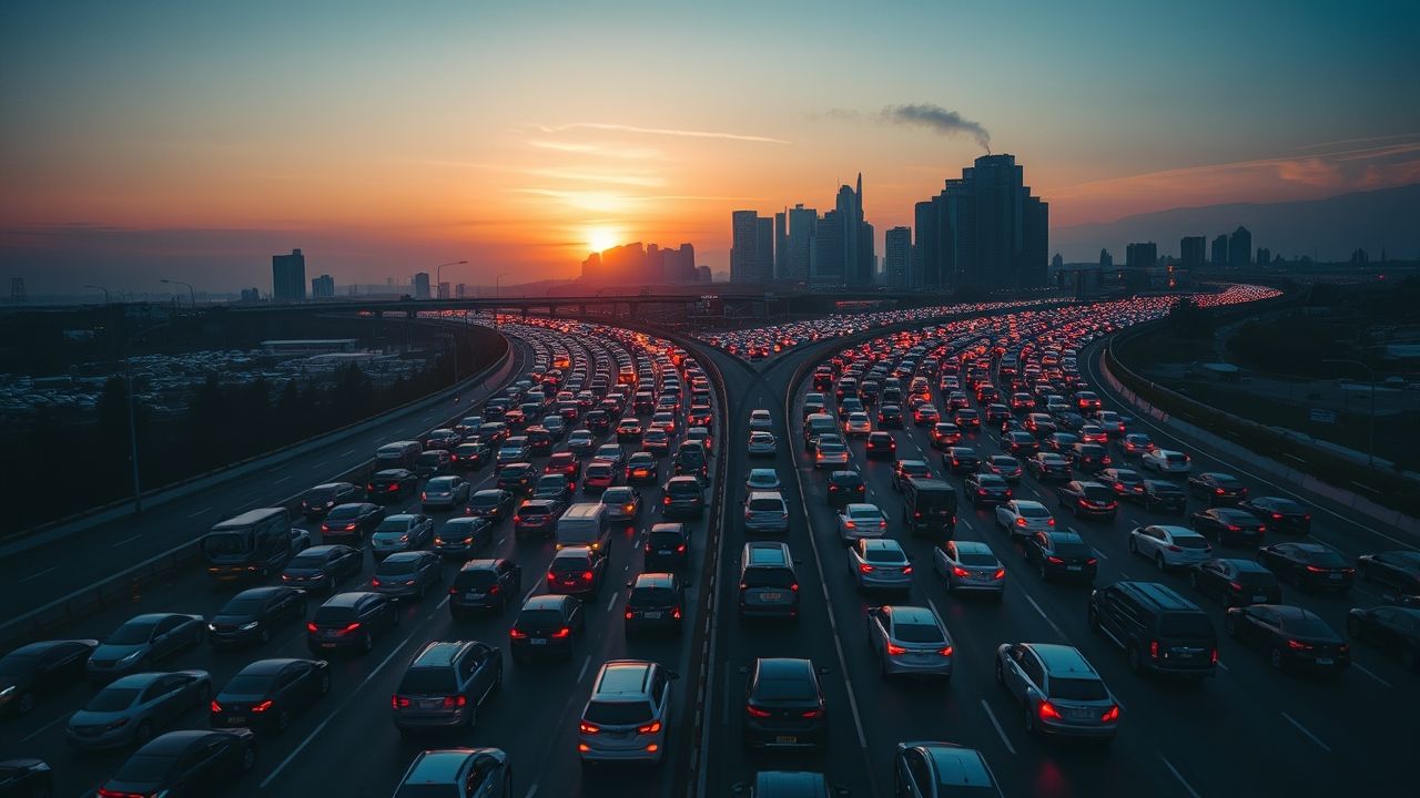 a wide cinematic landscape shot of a sprawling modern city highway at dawn completely choked with