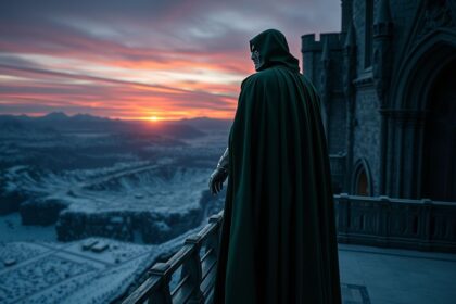 a wide cinematic landscape shot of doctor doom cloaked in his iconic deep green cape and gleaming
