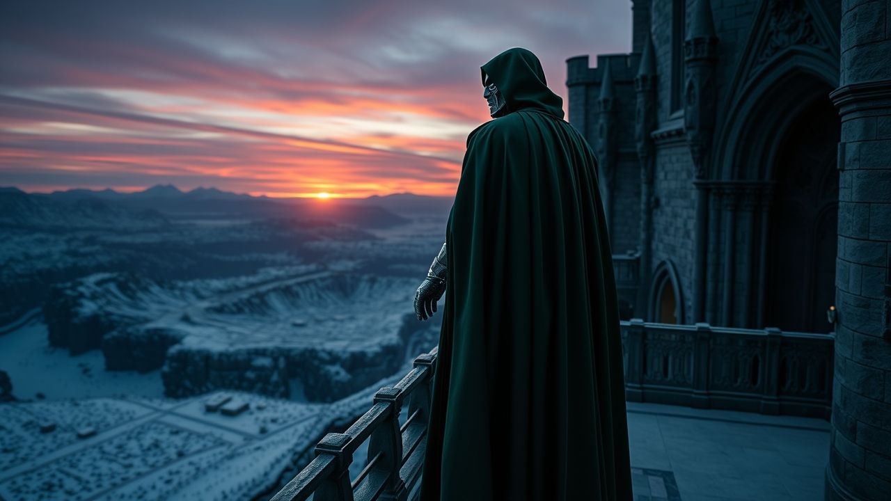 a wide cinematic landscape shot of doctor doom cloaked in his iconic deep green cape and gleaming