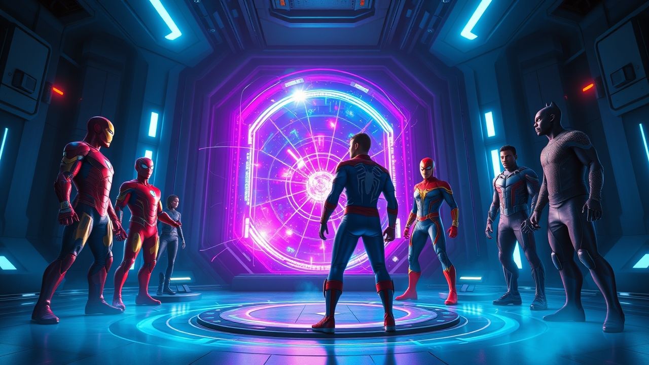 a wide cinematic landscape shot of several iconic marvel superheroes including iron man spider ma