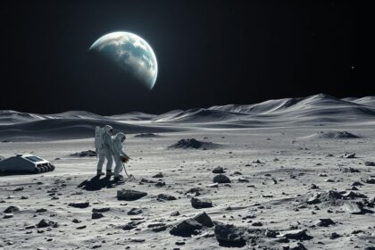 a wide cinematic landscape view on the dusty cratered surface of the moon in the midground two a