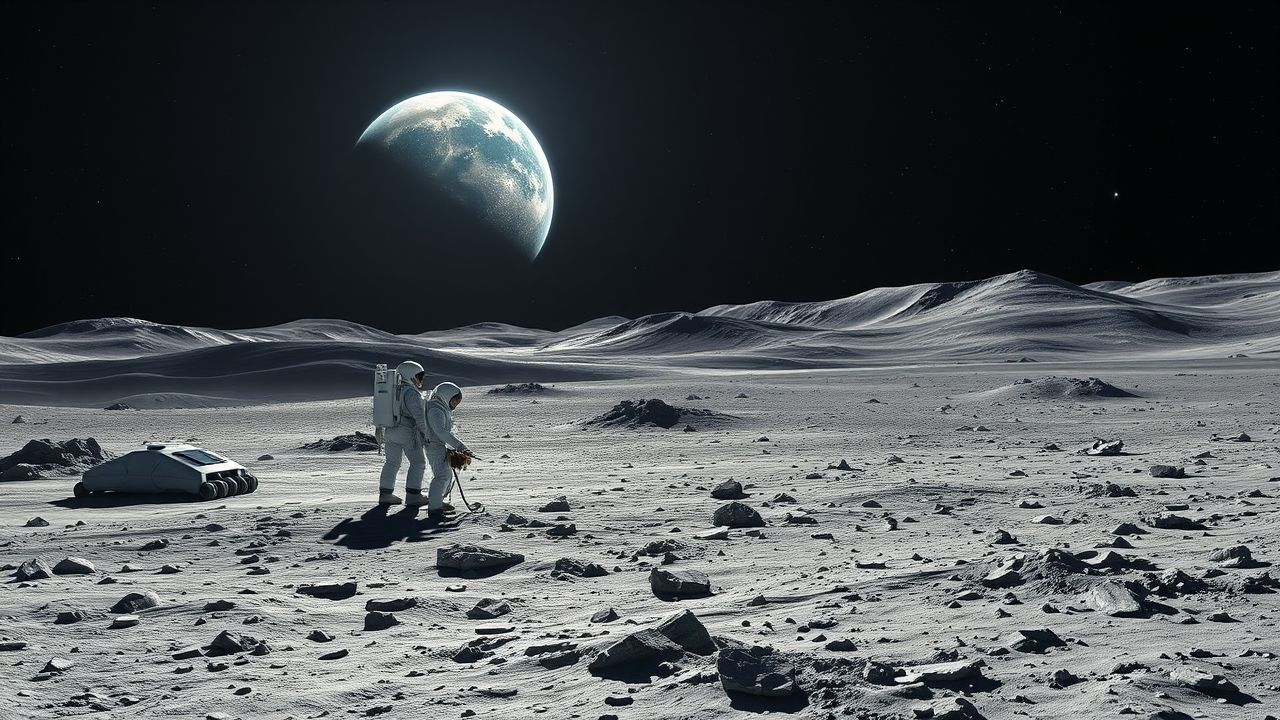 a wide cinematic landscape view on the dusty cratered surface of the moon in the midground two a