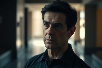 a wide cinematic shot of a man in his late 40searly 50s with short dark hair and intense though