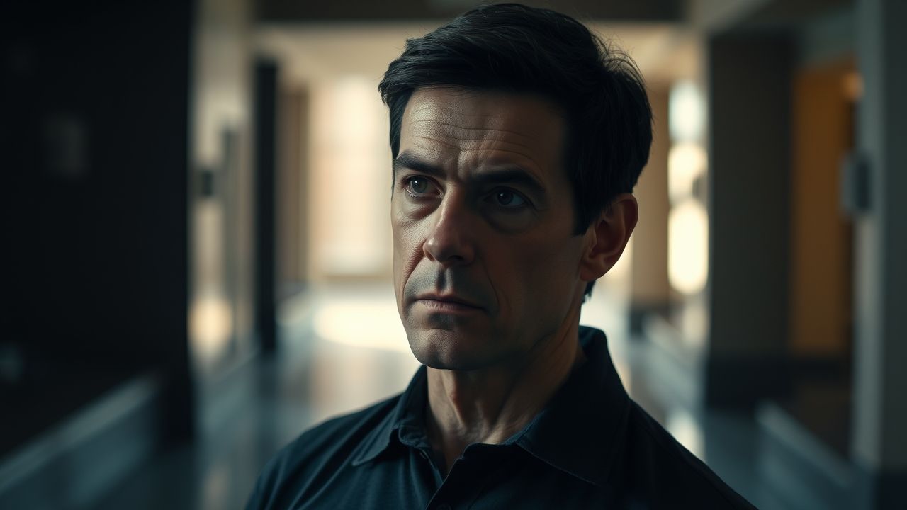 a wide cinematic shot of a man in his late 40searly 50s with short dark hair and intense though