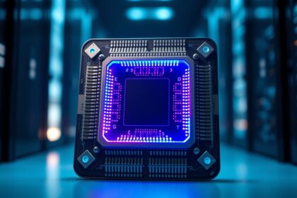 a wide highly detailed close up of a sophisticated high performance micro processor chip designed