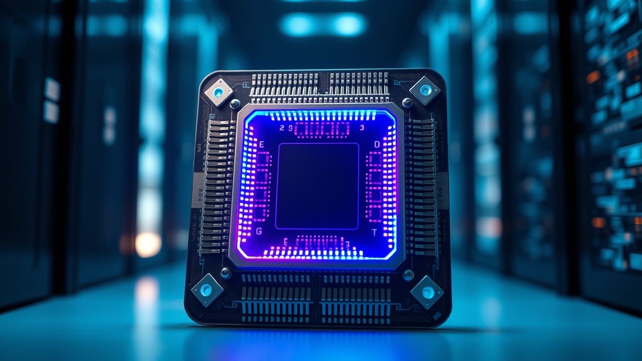 a wide highly detailed close up of a sophisticated high performance micro processor chip designed