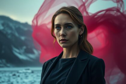 a wide landscape cinematic portrait of elizabeth olsen depicted in her mid 30s with a contemplat