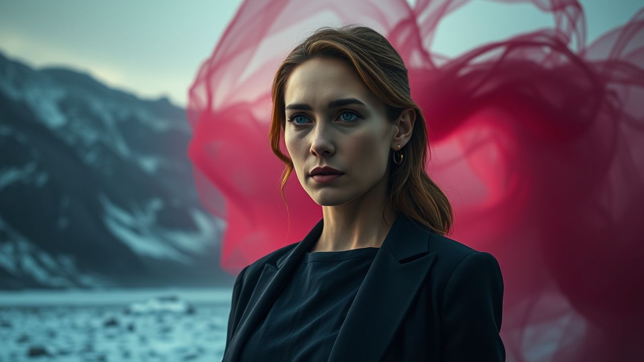 a wide landscape cinematic portrait of elizabeth olsen depicted in her mid 30s with a contemplat
