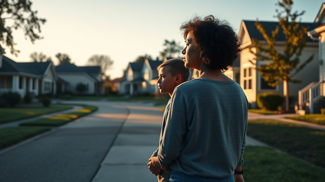 a wide landscape cinematic shot depicting a diverse working class family a mother and two child